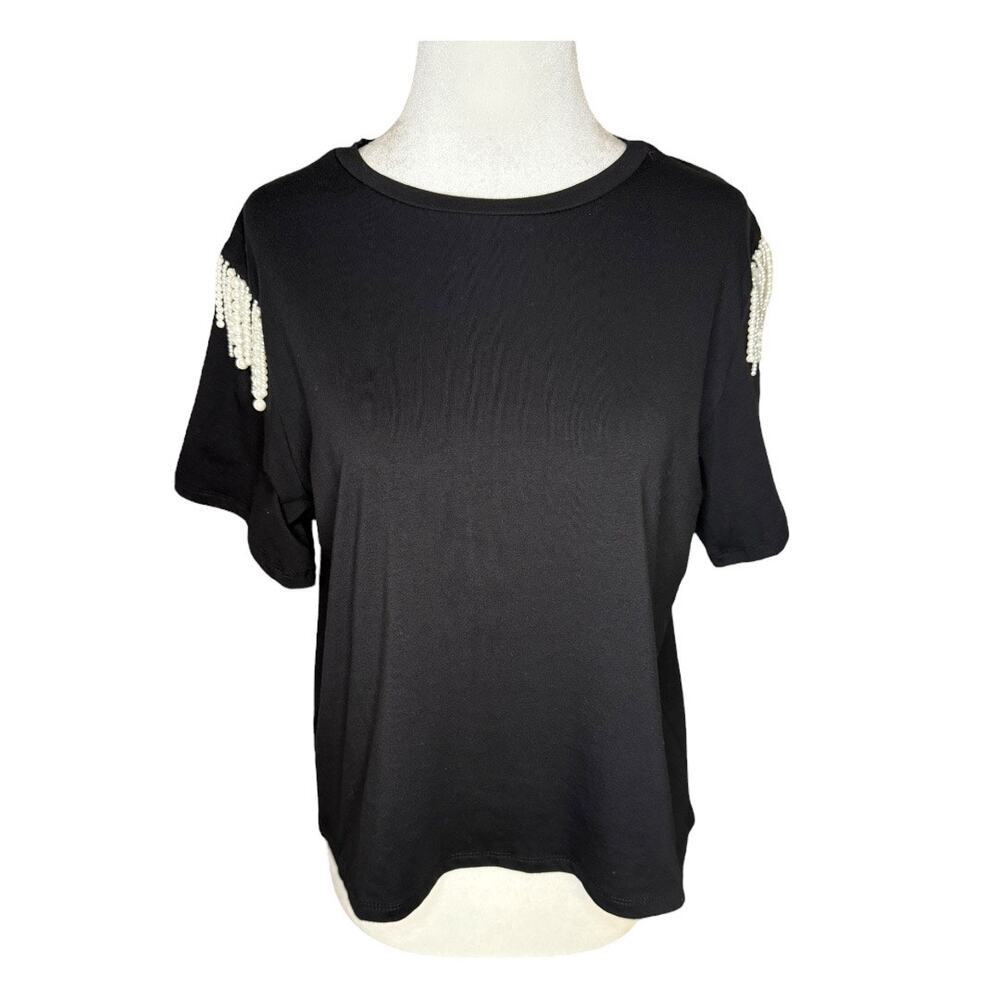 Joie Women's Black Pearl Fringe Crop Top Blouse Size Small Casual Spring NWOT